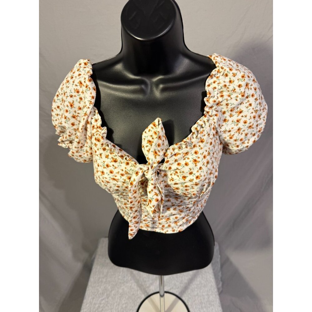 Altar'd State Romantic Floral Crop Top Shirt Blouse Women’s cottage XS Bow fairy